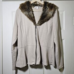Boston Proper Beige Knit Jacket Faux Fur Collar Full Zip Peplum Size Large